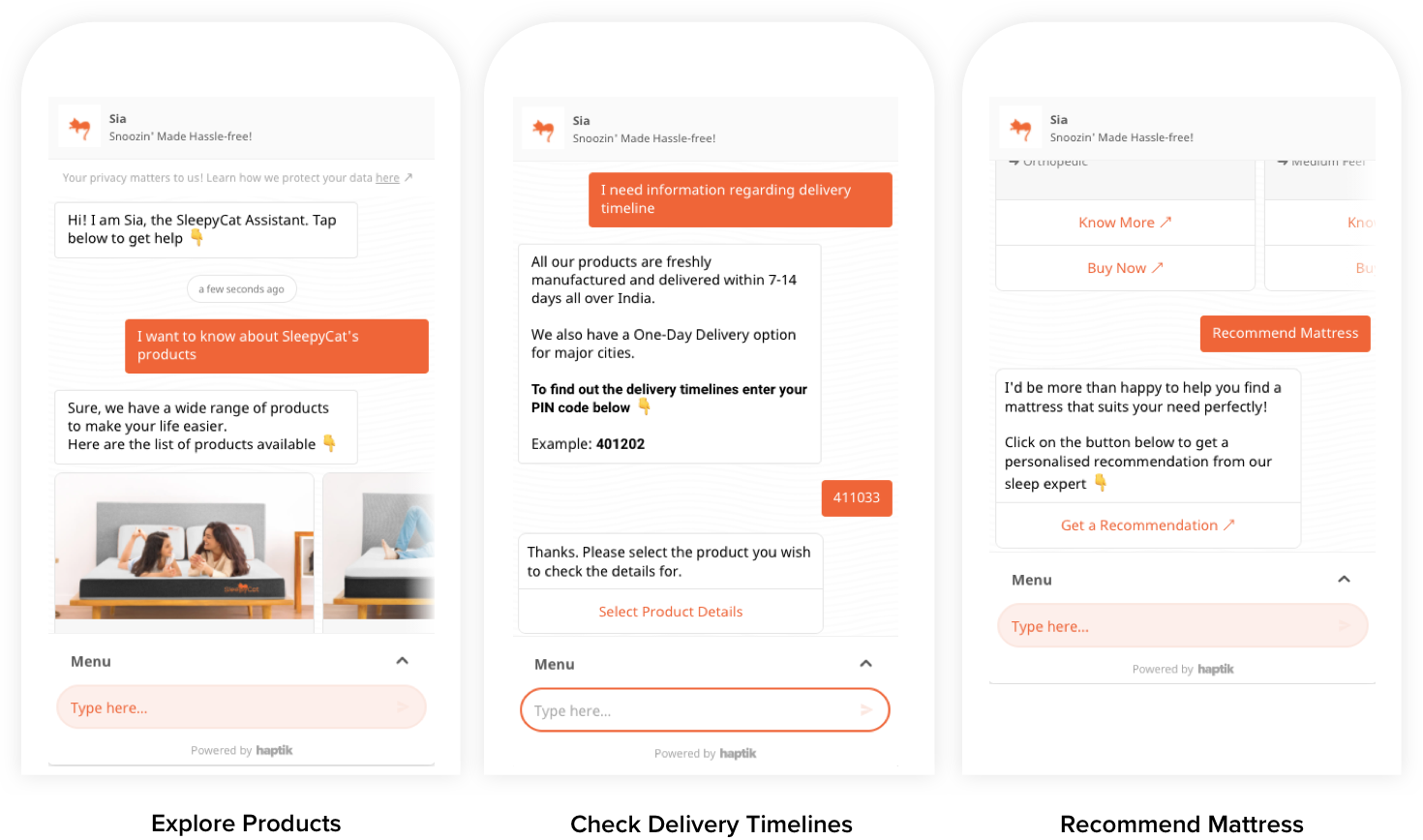 Haptik 's AI chatbot for SleepyCat Customer Support